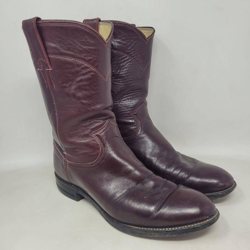 VTG Justin Boots 8E Burgundy Leather Western Cowboy Roper USA 3037 Ranch Work